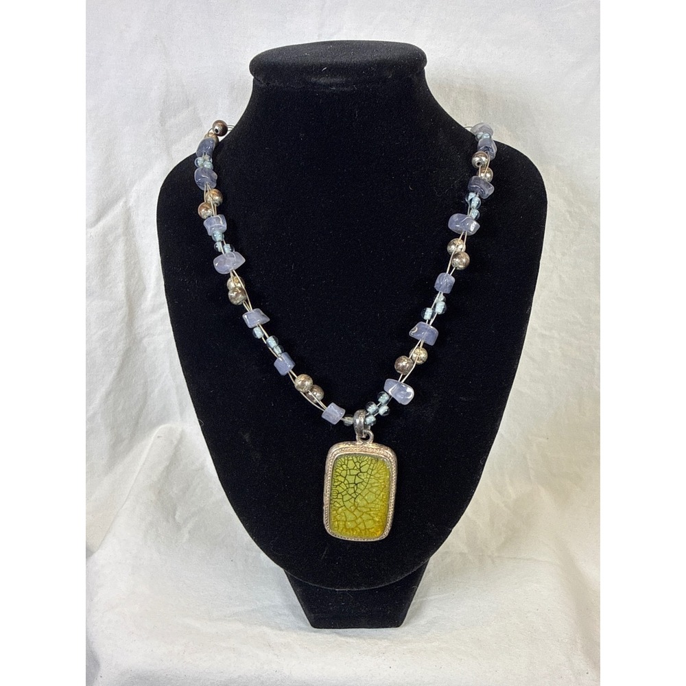 Chico's Yellow Crackle Pendant Necklace Beaded Multi Strand Silver Tone Purple